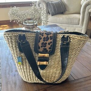 Leopard Accent Woven Tote Bag